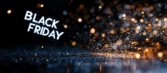Black Friday text with golden glowing sparkles and bokeh lights on dark background, festive holiday shopping season atmosphere for advertising banners.