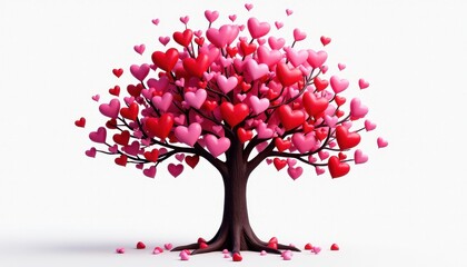 Fototapeta premium 3D Tree Decorated with HeartShaped Ornaments on White Background. A heart shaped tree with many red and pink hearts.