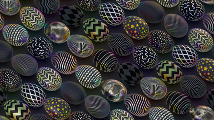 black easter eggs with bright metallic pattern on dark background