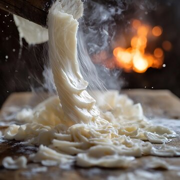 Mesmerizing long exposure shot of pule cheese being carefully sliced creamy white curd cascading motion subtle light trail capturing movement aged wooden surface adding rustic charm faint glowing