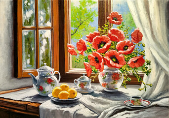 Still life, poppies in a vase, open window, tea and lemons, painting , painting with oil paints, handmade, fine art