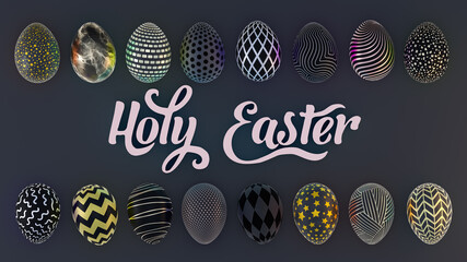 black easter eggs with bright metallic pattern on dark background