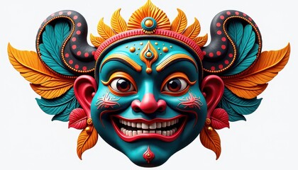 Vibrant Traditional Durga Puja Mask with Feathers and Ornaments: A Symbol of Good Luck and Celebration. A vibrant blue and red mask with ornate details and feathers.