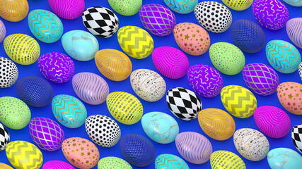 bright Easter eggs on blue background