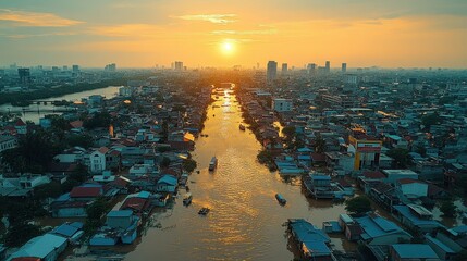 Sunrise over flooded city, boats on river, cityscape background, travel photography