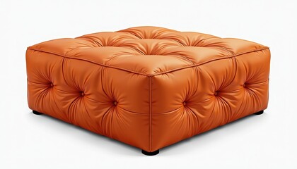 Obraz premium Vibrant Orange Tufted Leather Ottoman Against Clean White Background. An leather ottoman with a buttoned top.