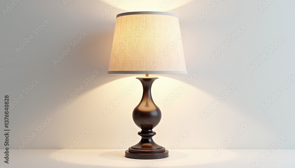 Poster modern wooden table lamp with soft beige shade emits m lighting. a table lamp with a beige shade on 