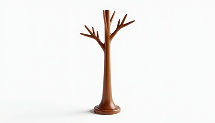 Wooden TreeCoat Stand on White Background, Brown Branches. A wooden coat stand with a tree design on it.