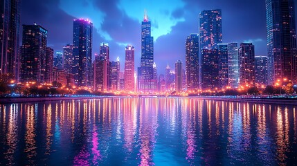 Fototapeta premium Colorful Chicago buildings mirrored on calm river water high resolution picture