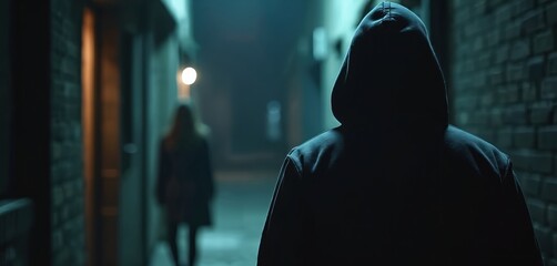 Silhouette of man in hood follows woman in dark narrow street at night. Crime concept stalking, sexual assault, robbery, violence. Fear, danger, night time, safety.