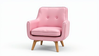 Fototapeta premium Pink Wooden Chair with Buttoned Back on White Background. A pink chair with wooden legs on a white background.