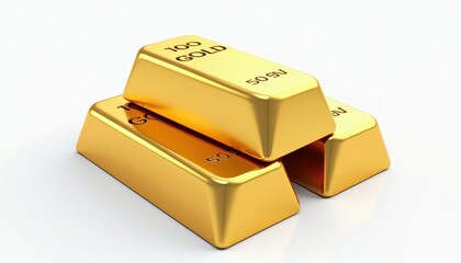 Golden Treasure Display: Three Gold Bars Inscribed on White Background. A stack of gold bars on a white background.