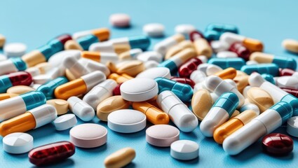 A Scattered Pile Of Colorful Pills And Tablets On A Vibrant Blue Surface, Symbolizing Healthcare, Medicine, And Pharmaceutical Concepts, Representing Modern Treatment And Medical Solutions.