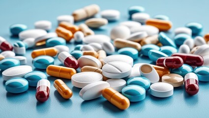 A Scattered Pile Of Colorful Pills And Tablets On A Vibrant Blue Surface, Symbolizing Healthcare, Medicine, And Pharmaceutical Concepts, Representing Modern Treatment And Medical Solutions.