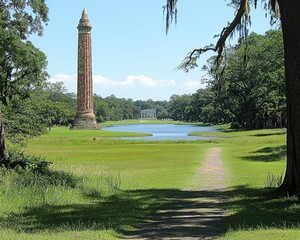 Serene landscape with a tall column, reflecting pool, and lush greenery. A path leads to the water's edge