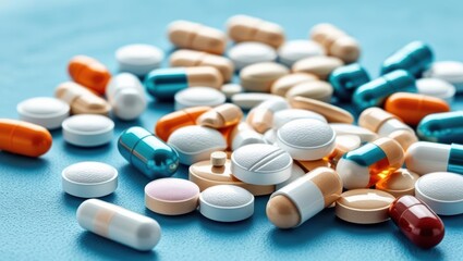 A Scattered Pile Of Colorful Pills And Tablets On A Vibrant Blue Surface, Symbolizing Healthcare, Medicine, And Pharmaceutical Concepts, Representing Modern Treatment And Medical Solutions.