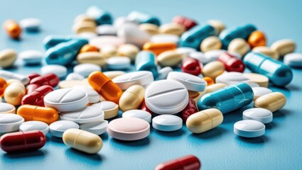 A Scattered Pile Of Colorful Pills And Tablets On A Vibrant Blue Surface, Symbolizing Healthcare, Medicine, And Pharmaceutical Concepts, Representing Modern Treatment And Medical Solutions.