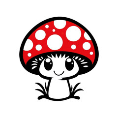 Cute cartoon mushroom with red cap and black spots on a transparent background vector, whimsical fungi illustration for childrens designs