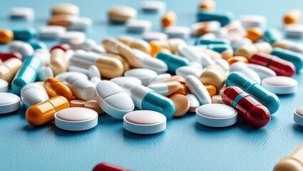 A Scattered Pile Of Colorful Pills And Tablets On A Vibrant Blue Surface, Symbolizing Healthcare, Medicine, And Pharmaceutical Concepts, Representing Modern Treatment And Medical Solutions.