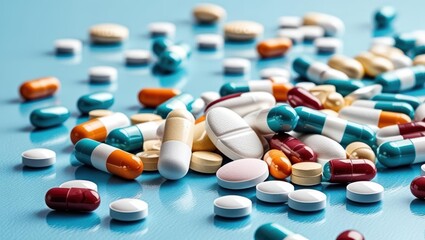 A Scattered Pile Of Colorful Pills And Tablets On A Vibrant Blue Surface, Symbolizing Healthcare, Medicine, And Pharmaceutical Concepts, Representing Modern Treatment And Medical Solutions.
