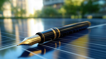 Elegant fountain pen rests on solar panel symbolizing clean energy future written contract