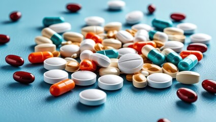 A Scattered Pile Of Colorful Pills And Tablets On A Vibrant Blue Surface, Symbolizing Healthcare, Medicine, And Pharmaceutical Concepts, Representing Modern Treatment And Medical Solutions.