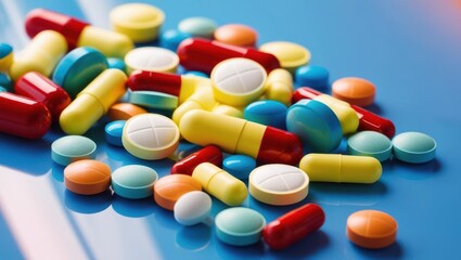 A Scattered Pile Of Colorful Pills And Tablets On A Vibrant Blue Surface, Symbolizing Healthcare, Medicine, And Pharmaceutical Concepts, Representing Modern Treatment And Medical Solutions.