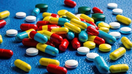A Scattered Pile Of Colorful Pills And Tablets On A Vibrant Blue Surface, Symbolizing Healthcare, Medicine, And Pharmaceutical Concepts, Representing Modern Treatment And Medical Solutions.