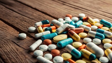 Assorted Pills Scattered On A Wooden Table, Showcasing Various Medications In Different Shapes And Colors, Symbolizing Healthcare, Treatment, And The Pharmaceutical Industry.