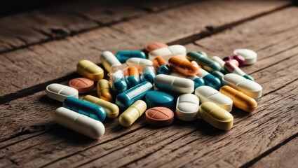 Assorted Pills Scattered On A Wooden Table, Showcasing Various Medications In Different Shapes And Colors, Symbolizing Healthcare, Treatment, And The Pharmaceutical Industry.
