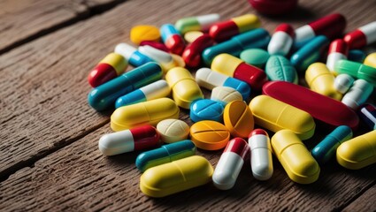 Assorted Pills Scattered On A Wooden Table, Showcasing Various Medications In Different Shapes And Colors, Symbolizing Healthcare, Treatment, And The Pharmaceutical Industry.