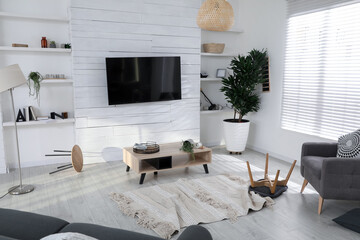 Chaotic living room interior after strong earthquake