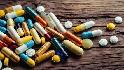 Assorted Pills Scattered On A Wooden Table, Showcasing Various Medications In Different Shapes And Colors, Symbolizing Healthcare, Treatment, And The Pharmaceutical Industry.