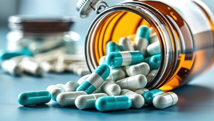 Capsules And Pills Spilling From A Brown Bottle Onto A Table, Representing Modern Medicine, Pharmaceutical Solutions, And Prescriptions. Highlighting The Importance Of Healthcare And Treatment.