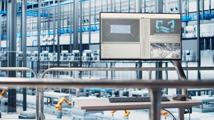 Monitor in smart photovoltaics factory displaying real time system performance metrics. Display in...