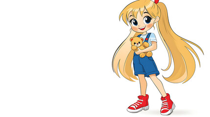 A girl with long blonde hair is holding a teddy bear. AI Generated