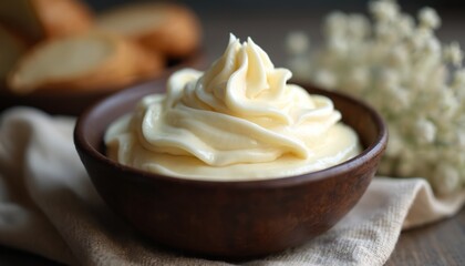 Whipped beef tallow in wooden bowl. Natural cooking ingredient, culinary use. Keto paleo diet recipes, healthy fats, carnivore diet. High-quality food. Creamy texture. Home kitchen. Food photo.