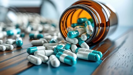 Capsules And Pills Spilling From A Brown Bottle Onto A Table, Representing Modern Medicine, Pharmaceutical Solutions, And Prescriptions. Highlighting The Importance Of Healthcare And Treatment.