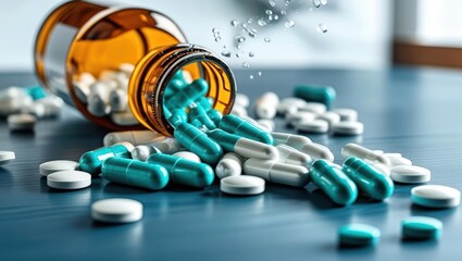 Capsules And Pills Spilling From A Brown Bottle Onto A Table, Representing Modern Medicine, Pharmaceutical Solutions, And Prescriptions. Highlighting The Importance Of Healthcare And Treatment.