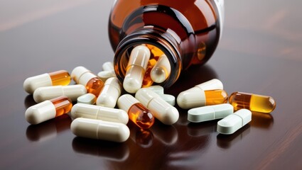 Capsules And Pills Spilling From A Brown Bottle Onto A Table, Representing Modern Medicine, Pharmaceutical Solutions, And Prescriptions. Highlighting The Importance Of Healthcare And Treatment.