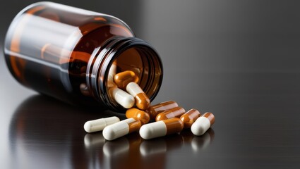 Capsules And Pills Spilling From A Brown Bottle Onto A Table, Representing Modern Medicine, Pharmaceutical Solutions, And Prescriptions. Highlighting The Importance Of Healthcare And Treatment.