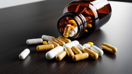 Capsules And Pills Spilling From A Brown Bottle Onto A Table, Representing Modern Medicine, Pharmaceutical Solutions, And Prescriptions. Highlighting The Importance Of Healthcare And Treatment.