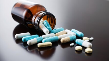 Capsules And Pills Spilling From A Brown Bottle Onto A Table, Representing Modern Medicine, Pharmaceutical Solutions, And Prescriptions. Highlighting The Importance Of Healthcare And Treatment.