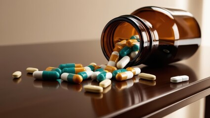 Capsules And Pills Spilling From A Brown Bottle Onto A Table, Representing Modern Medicine, Pharmaceutical Solutions, And Prescriptions. Highlighting The Importance Of Healthcare And Treatment.