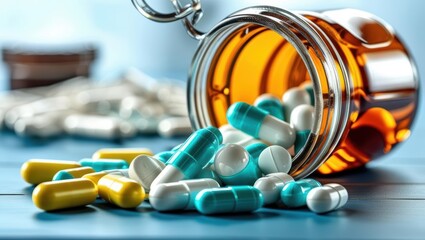 Capsules And Pills Spilling From A Brown Bottle Onto A Table, Representing Modern Medicine, Pharmaceutical Solutions, And Prescriptions. Highlighting The Importance Of Healthcare And Treatment.