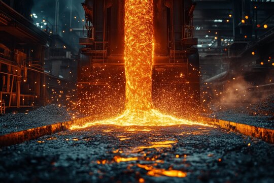 Hot molten steel pours from a towering furnace, illuminating the industrial setting with vibrant orange and red hues as sparks scatter in the air during nighttime Generative AI