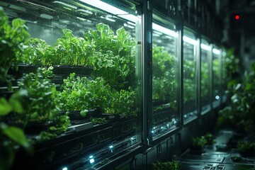 An automated multi-level setup is cultivating fresh leafy greens in a controlled indoor space, showcasing modern agricultural technology and efficient plant growth Generative AI