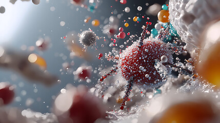 A red and white blob with a black stem. AI Generated