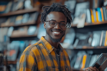 Happy young man smiling holding tablet in bookstore warm lighting blurred bookshelves background
