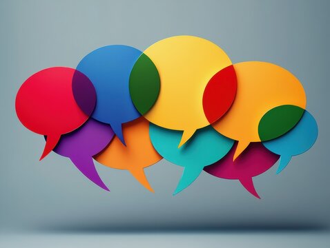 Colorful speech bubbles illustrate linguistic diversity. Many colorful speech bubbles overlap. Represent global communication. Conversation, dialogue between different cultures. Image shows